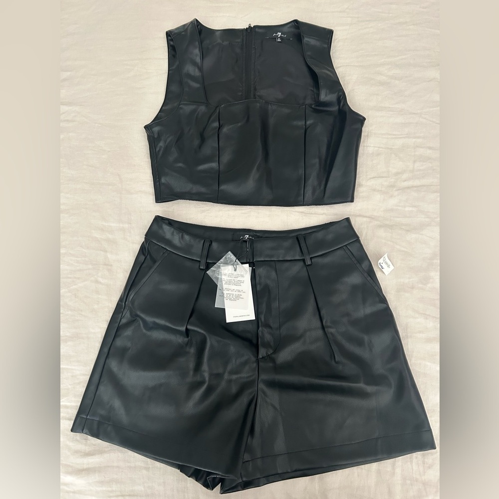 7 For All Mankind Black Leather Tank Top Short Set Size M NWT